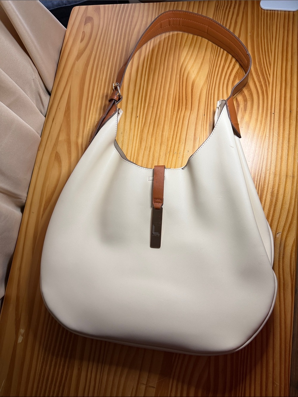 Loulu Cream White Minimalist Hobo Shoulder Bag with Tan Leather Accents